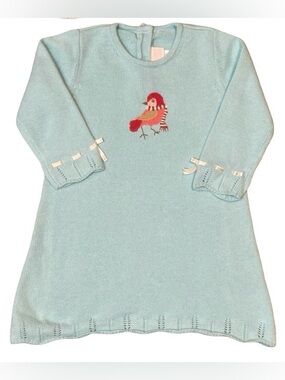 Janie and Jack Winter Songbird Light Turquoise Knit Dress w/ Bird Design 18-24 m